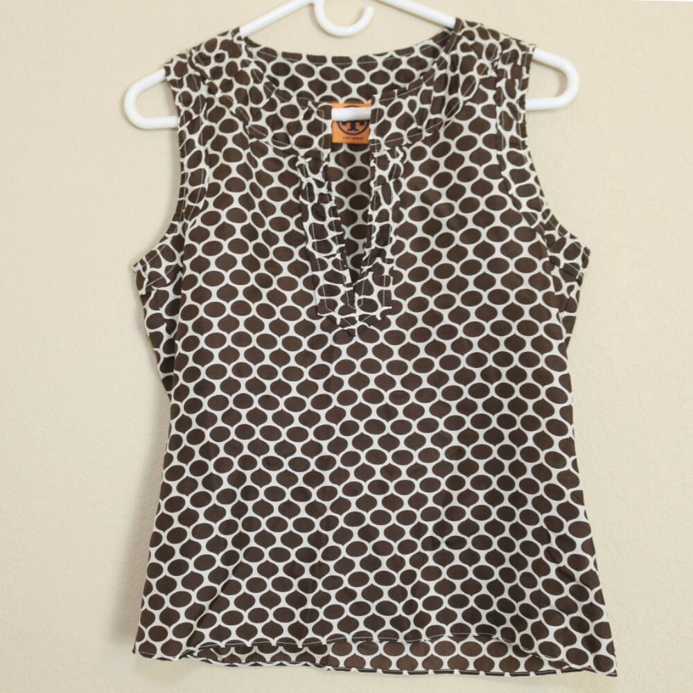 Tory Burch Silk Blouse Sleeveless Top Brown Print Popover Designer Size 2